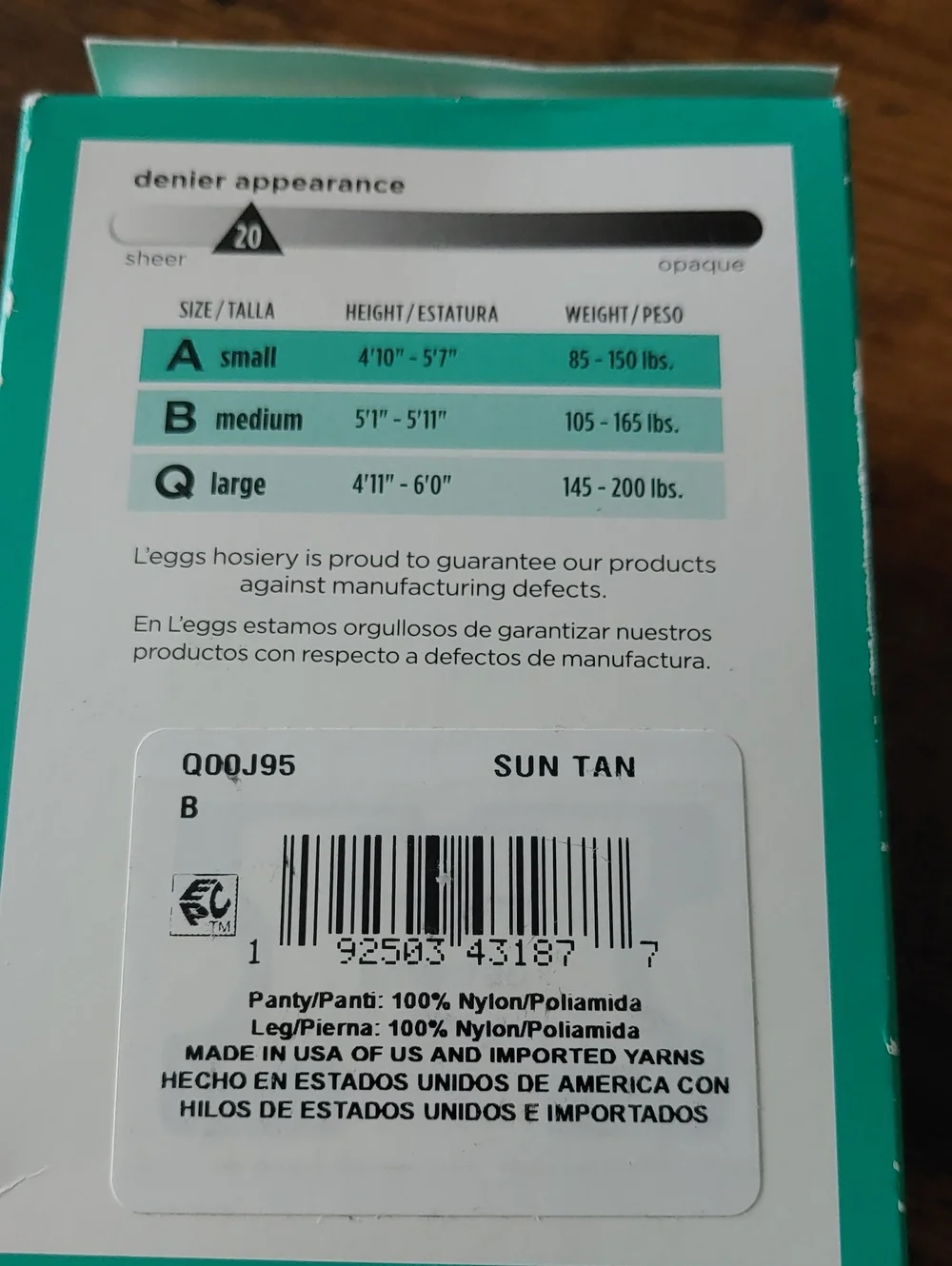 NWT sz B Legg's Everyday Regular Suntan Extra Value 4 Pair Pantyhose